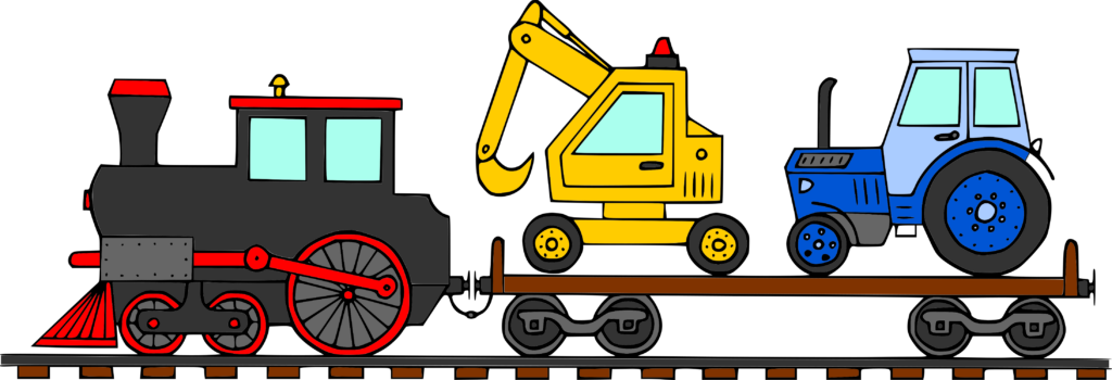 Autorská ilustrace vlaku, traktoru a bagru - Hravé stroje (5)